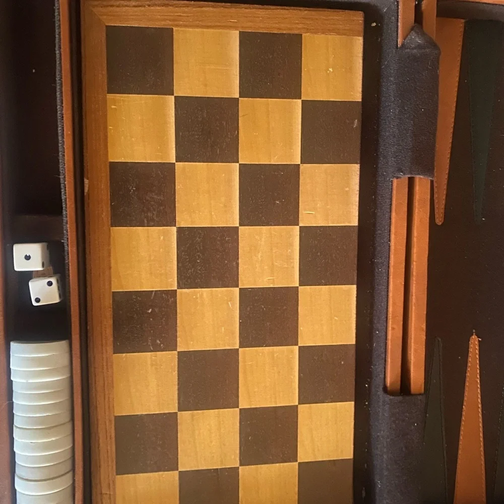 Vintage Faux leather briefcase style portable backgammon set, checkers.